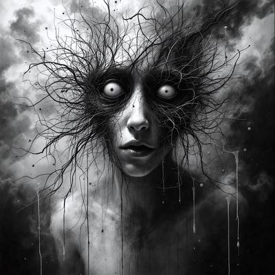 The primary subject of the image is a woman with a creepy, demonic appearance. She has a large head with a mass of black hair, and her eyes are wide open, giving her a menacing look. The setting is a dark, cloudy sky, which adds to the eerie atmosphere of the scene. The visual style is a combination of digital art and illustration, creating a striking and unsettling image. The dominant colors are black, white, and shades of gray, which contribute to the overall mood of